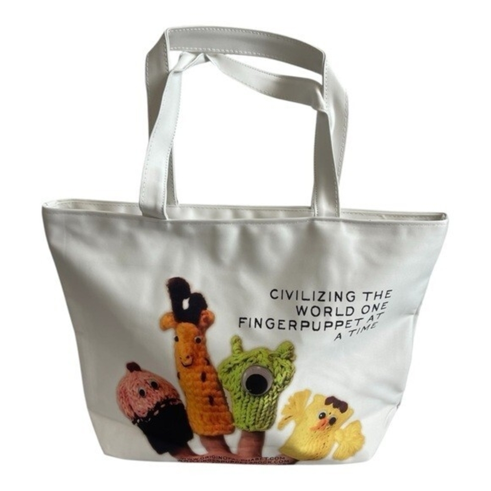 Canvas Shopper Tote Bag Four Finger Puppets Print White Shoulder Bag New - Picture 3 of 5